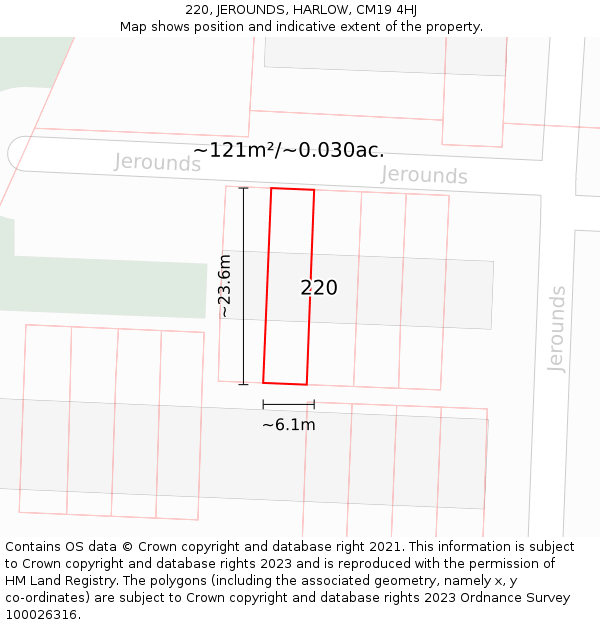 220, JEROUNDS, HARLOW, CM19 4HJ: Plot and title map