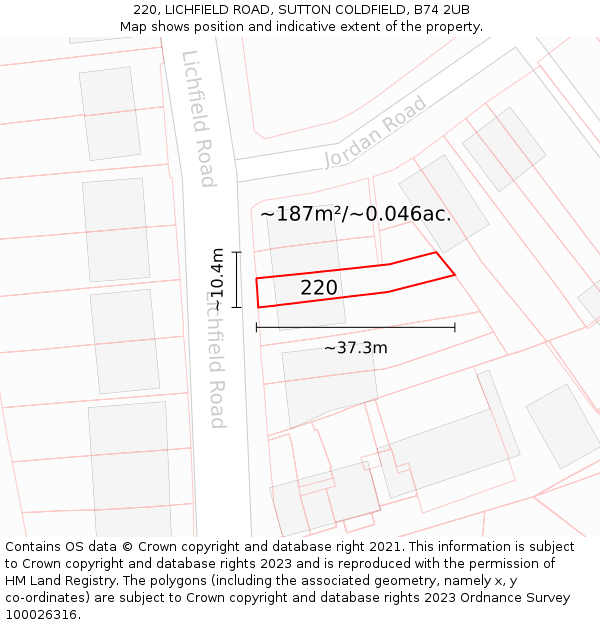 220, LICHFIELD ROAD, SUTTON COLDFIELD, B74 2UB: Plot and title map