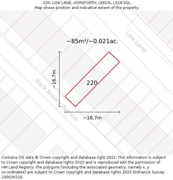 220, LOW LANE, HORSFORTH, LEEDS, LS18 5QL: Plot and title map