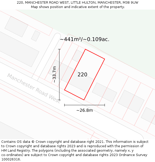 220, MANCHESTER ROAD WEST, LITTLE HULTON, MANCHESTER, M38 9UW: Plot and title map