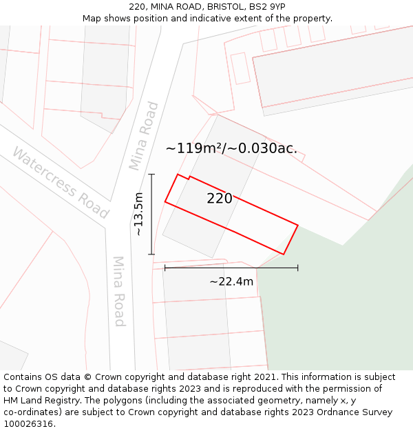 220, MINA ROAD, BRISTOL, BS2 9YP: Plot and title map