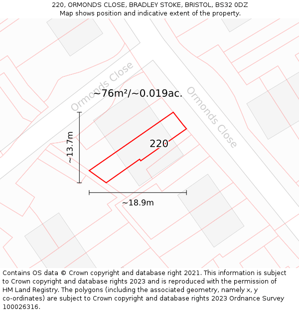 220, ORMONDS CLOSE, BRADLEY STOKE, BRISTOL, BS32 0DZ: Plot and title map