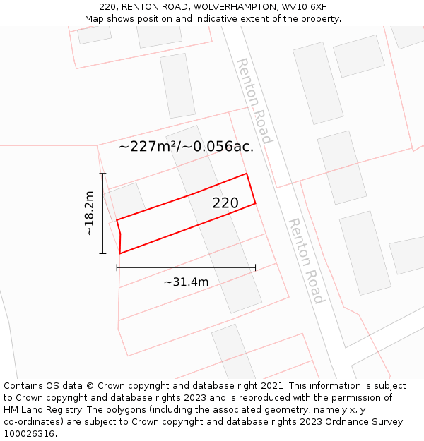 220, RENTON ROAD, WOLVERHAMPTON, WV10 6XF: Plot and title map