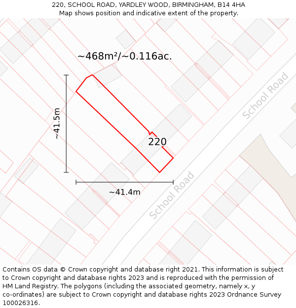 220, SCHOOL ROAD, YARDLEY WOOD, BIRMINGHAM, B14 4HA: Plot and title map
