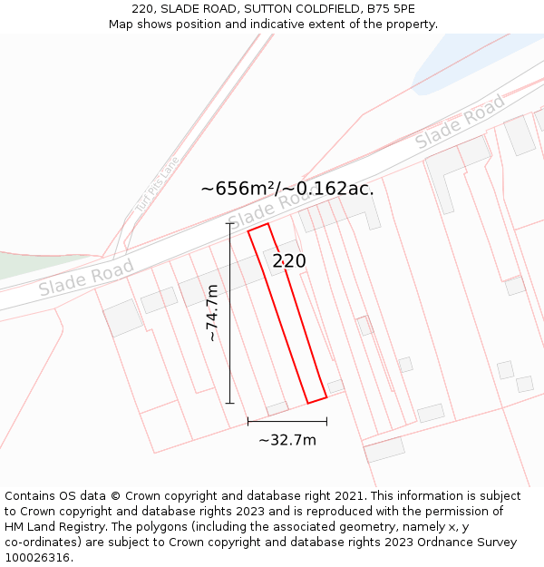220, SLADE ROAD, SUTTON COLDFIELD, B75 5PE: Plot and title map