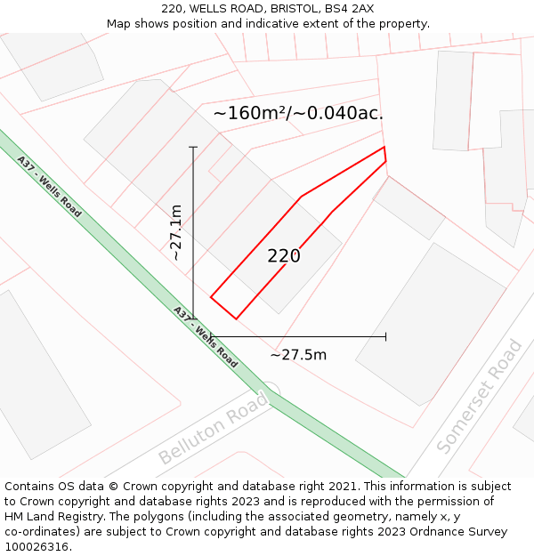220, WELLS ROAD, BRISTOL, BS4 2AX: Plot and title map