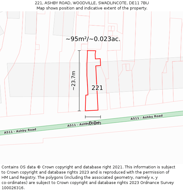 221, ASHBY ROAD, WOODVILLE, SWADLINCOTE, DE11 7BU: Plot and title map