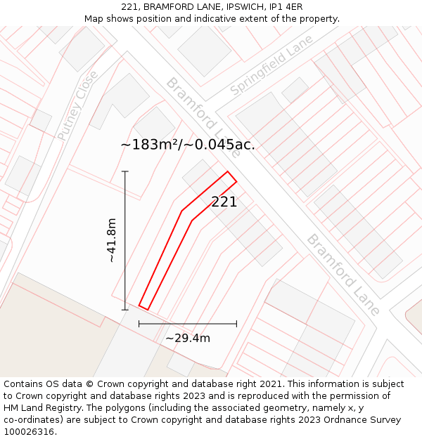 221, BRAMFORD LANE, IPSWICH, IP1 4ER: Plot and title map