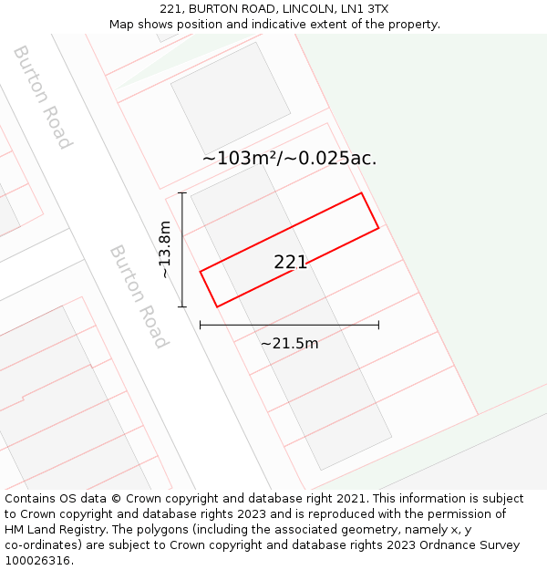 221, BURTON ROAD, LINCOLN, LN1 3TX: Plot and title map