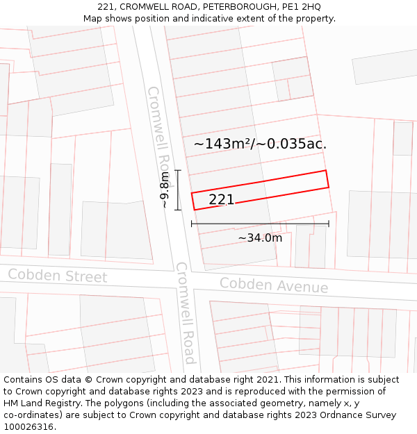 221, CROMWELL ROAD, PETERBOROUGH, PE1 2HQ: Plot and title map