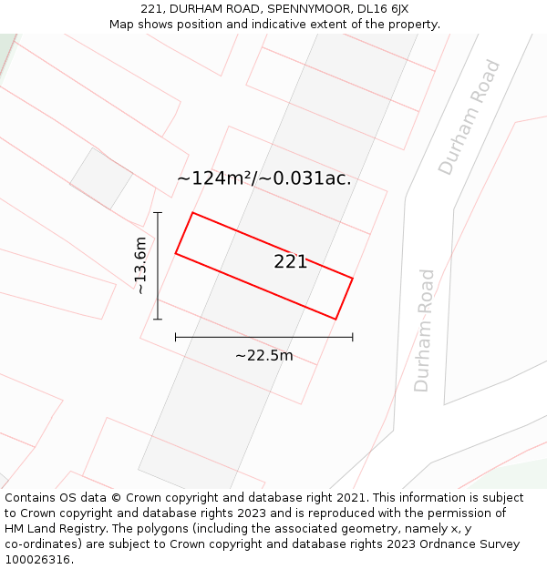 221, DURHAM ROAD, SPENNYMOOR, DL16 6JX: Plot and title map
