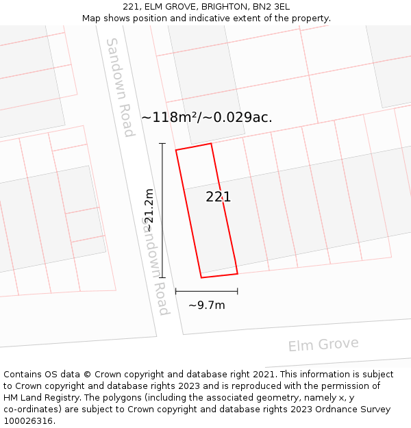221, ELM GROVE, BRIGHTON, BN2 3EL: Plot and title map