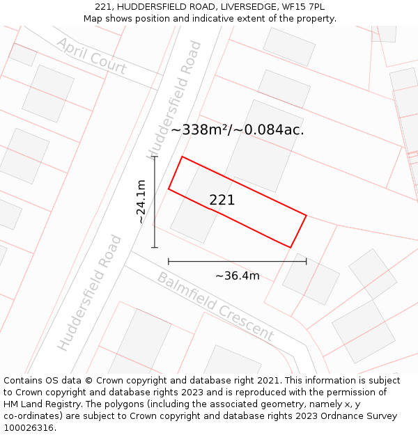221, HUDDERSFIELD ROAD, LIVERSEDGE, WF15 7PL: Plot and title map