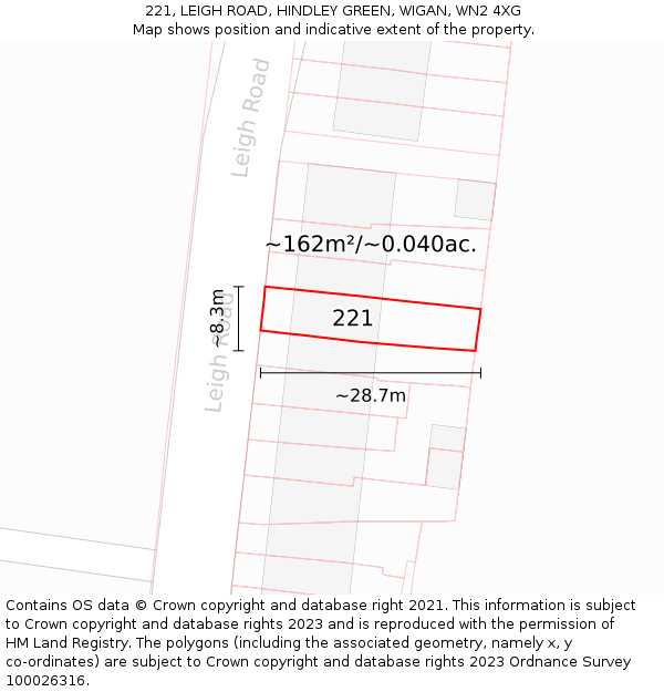 221, LEIGH ROAD, HINDLEY GREEN, WIGAN, WN2 4XG: Plot and title map