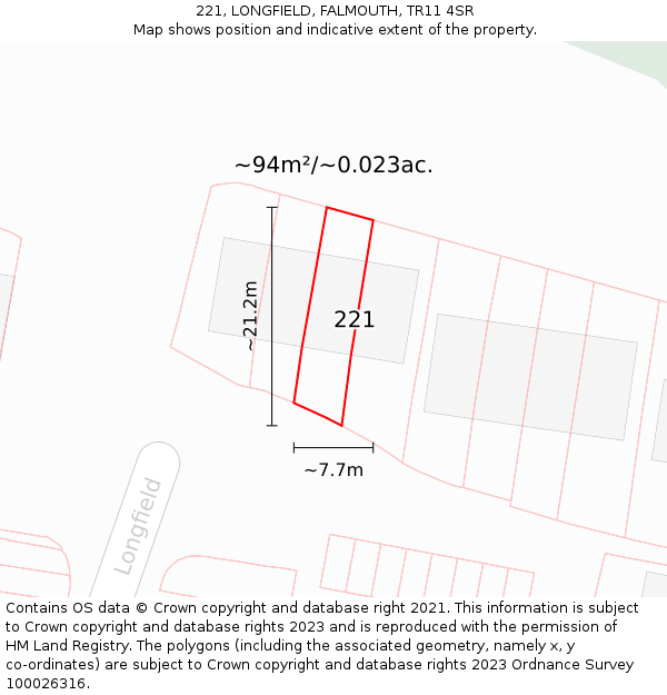 221, LONGFIELD, FALMOUTH, TR11 4SR: Plot and title map