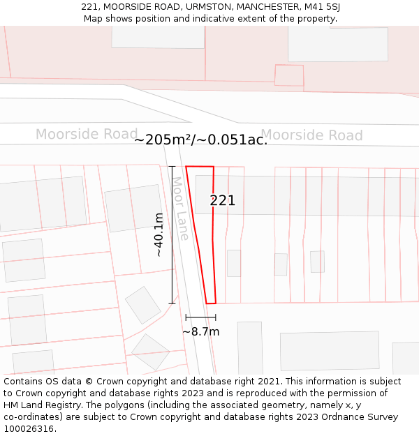 221, MOORSIDE ROAD, URMSTON, MANCHESTER, M41 5SJ: Plot and title map