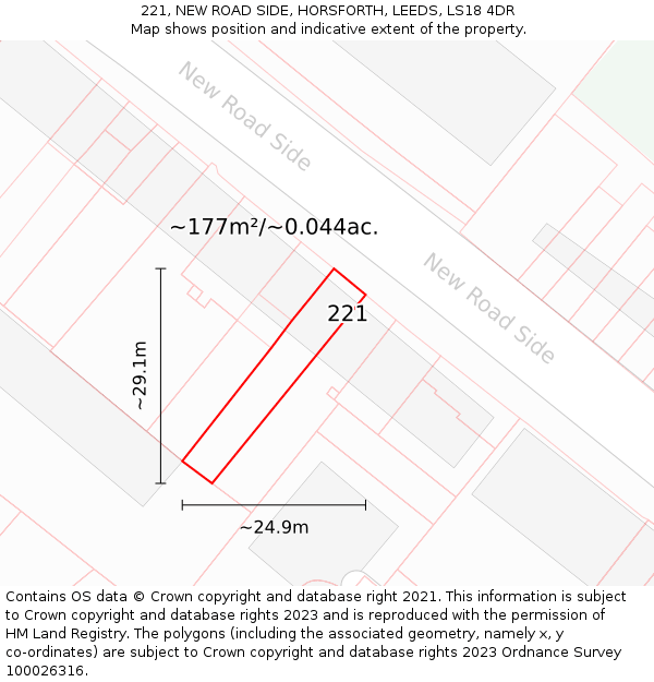 221, NEW ROAD SIDE, HORSFORTH, LEEDS, LS18 4DR: Plot and title map