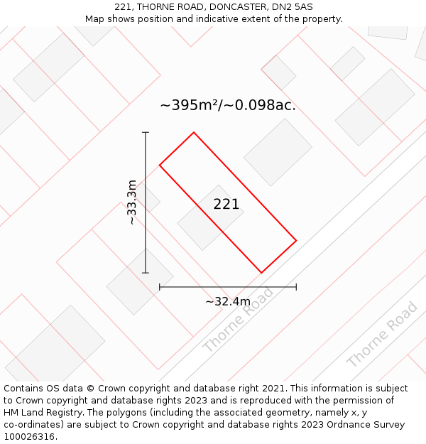 221, THORNE ROAD, DONCASTER, DN2 5AS: Plot and title map