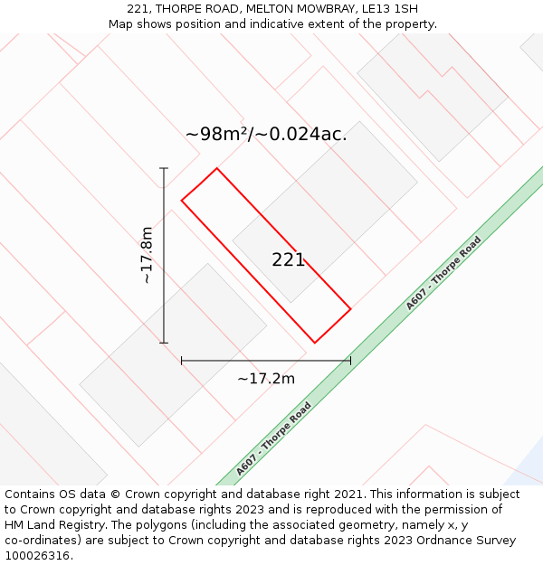 221, THORPE ROAD, MELTON MOWBRAY, LE13 1SH: Plot and title map
