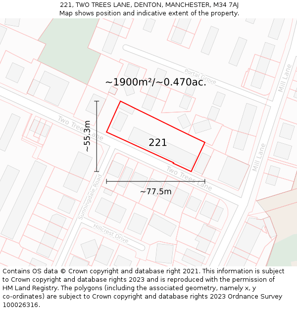221, TWO TREES LANE, DENTON, MANCHESTER, M34 7AJ: Plot and title map