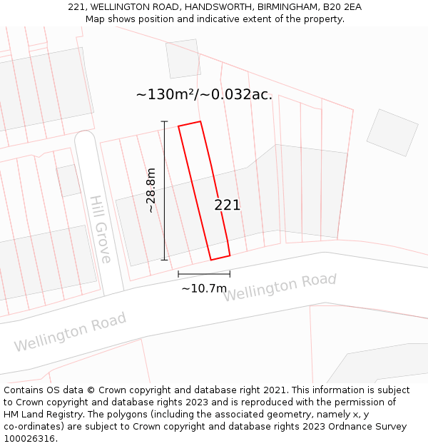 221, WELLINGTON ROAD, HANDSWORTH, BIRMINGHAM, B20 2EA: Plot and title map