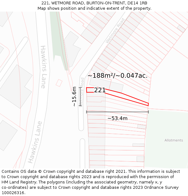 221, WETMORE ROAD, BURTON-ON-TRENT, DE14 1RB: Plot and title map