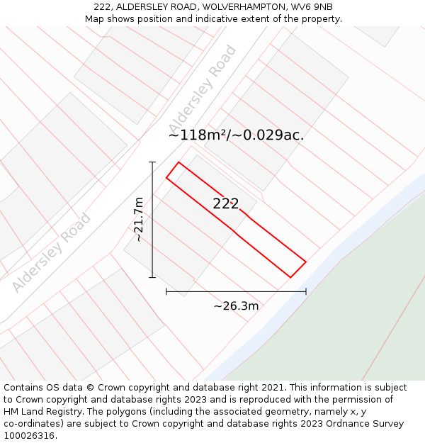 222, ALDERSLEY ROAD, WOLVERHAMPTON, WV6 9NB: Plot and title map