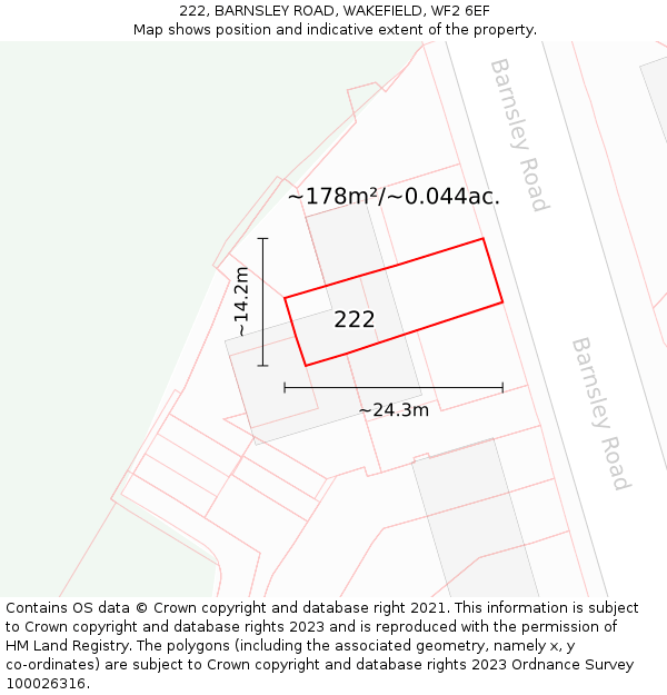 222, BARNSLEY ROAD, WAKEFIELD, WF2 6EF: Plot and title map