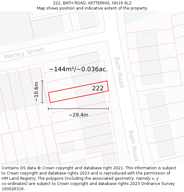 222, BATH ROAD, KETTERING, NN16 9LZ: Plot and title map