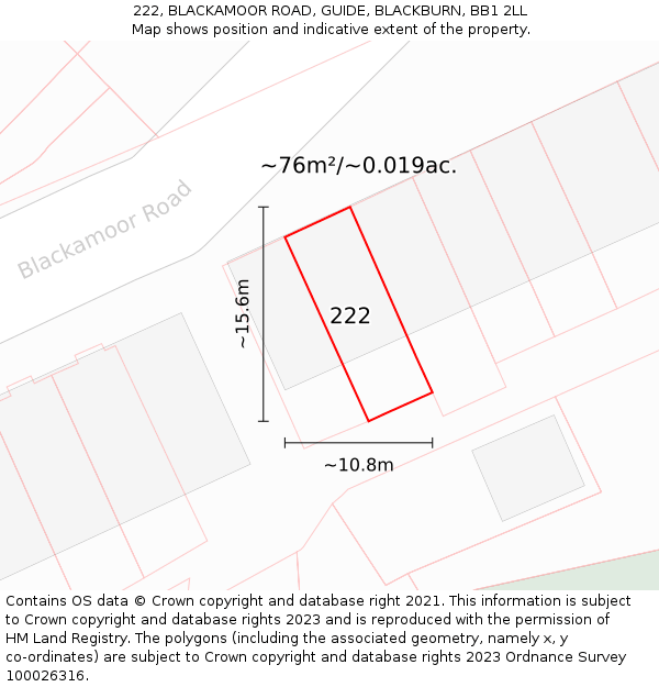 222, BLACKAMOOR ROAD, GUIDE, BLACKBURN, BB1 2LL: Plot and title map