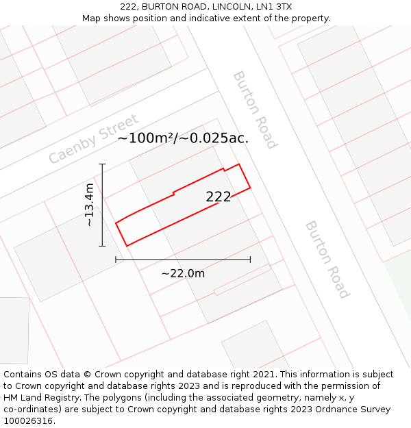 222, BURTON ROAD, LINCOLN, LN1 3TX: Plot and title map