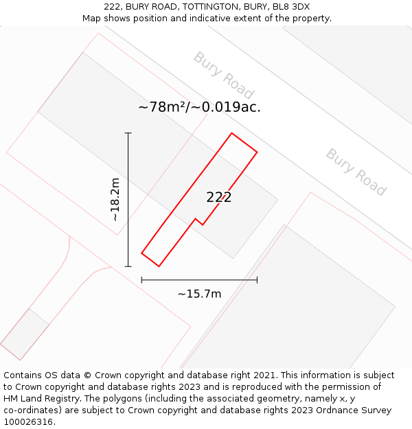 222, BURY ROAD, TOTTINGTON, BURY, BL8 3DX: Plot and title map