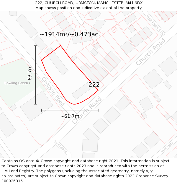 222, CHURCH ROAD, URMSTON, MANCHESTER, M41 9DX: Plot and title map