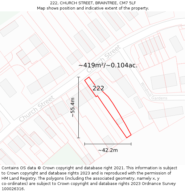 222, CHURCH STREET, BRAINTREE, CM7 5LF: Plot and title map