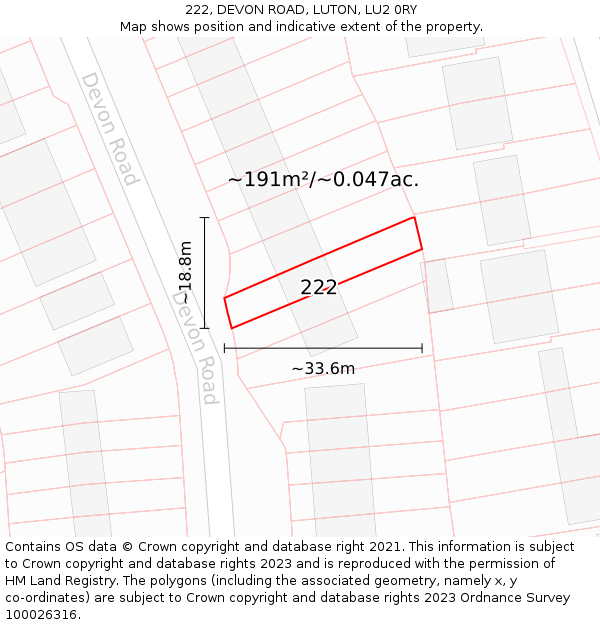 222, DEVON ROAD, LUTON, LU2 0RY: Plot and title map