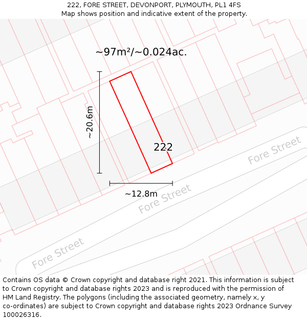 222, FORE STREET, DEVONPORT, PLYMOUTH, PL1 4FS: Plot and title map