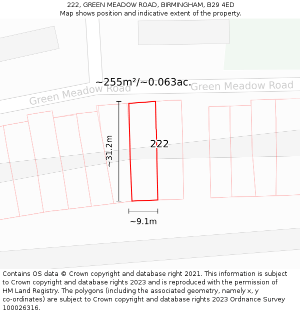 222, GREEN MEADOW ROAD, BIRMINGHAM, B29 4ED: Plot and title map
