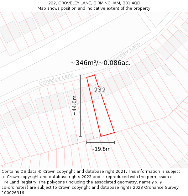 222, GROVELEY LANE, BIRMINGHAM, B31 4QD: Plot and title map