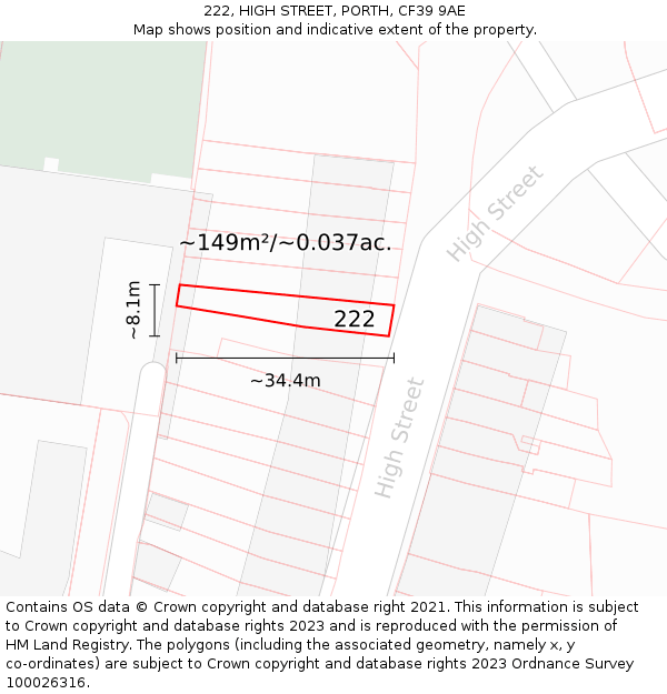 222, HIGH STREET, PORTH, CF39 9AE: Plot and title map