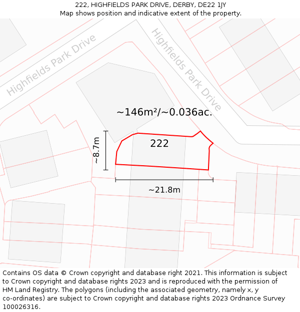 222, HIGHFIELDS PARK DRIVE, DERBY, DE22 1JY: Plot and title map