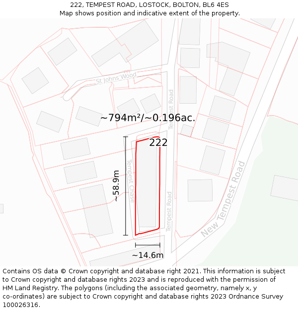 222, TEMPEST ROAD, LOSTOCK, BOLTON, BL6 4ES: Plot and title map
