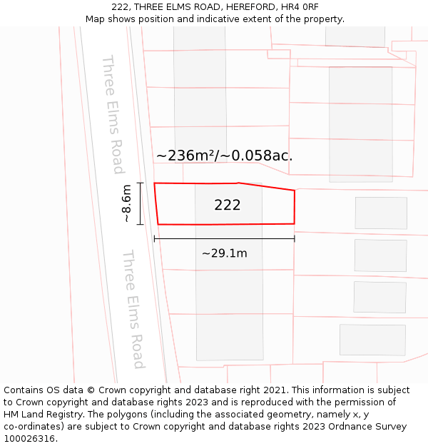 222, THREE ELMS ROAD, HEREFORD, HR4 0RF: Plot and title map