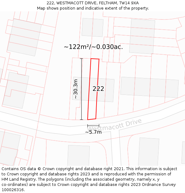 222, WESTMACOTT DRIVE, FELTHAM, TW14 9XA: Plot and title map