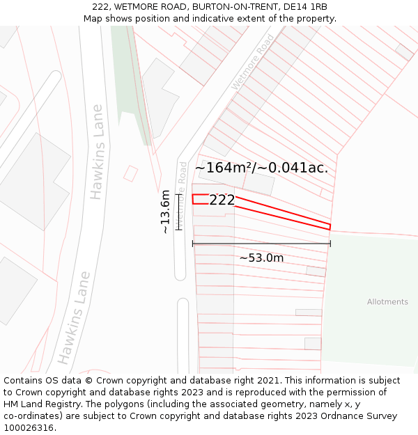 222, WETMORE ROAD, BURTON-ON-TRENT, DE14 1RB: Plot and title map