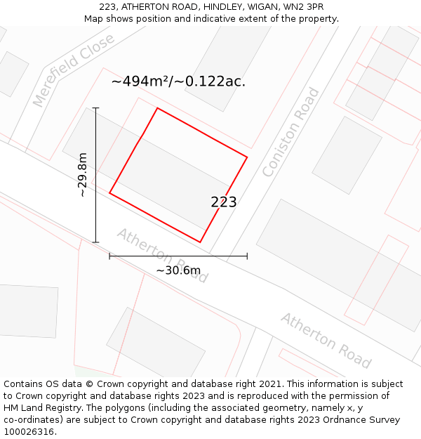 223, ATHERTON ROAD, HINDLEY, WIGAN, WN2 3PR: Plot and title map