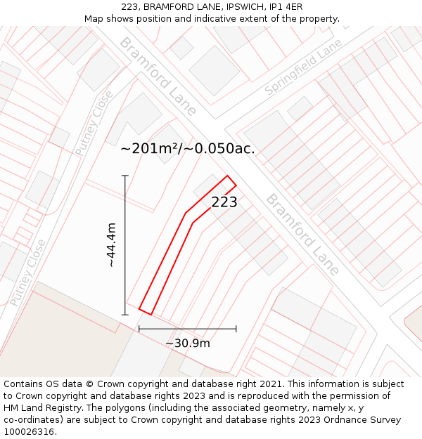 223, BRAMFORD LANE, IPSWICH, IP1 4ER: Plot and title map