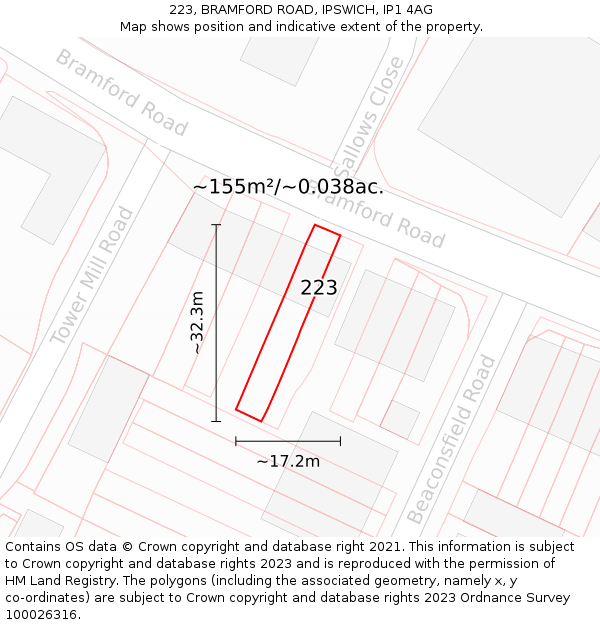 223, BRAMFORD ROAD, IPSWICH, IP1 4AG: Plot and title map