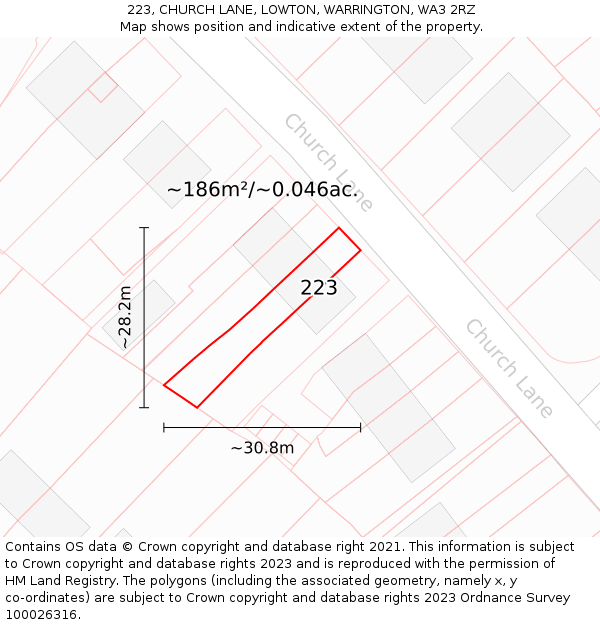 223, CHURCH LANE, LOWTON, WARRINGTON, WA3 2RZ: Plot and title map