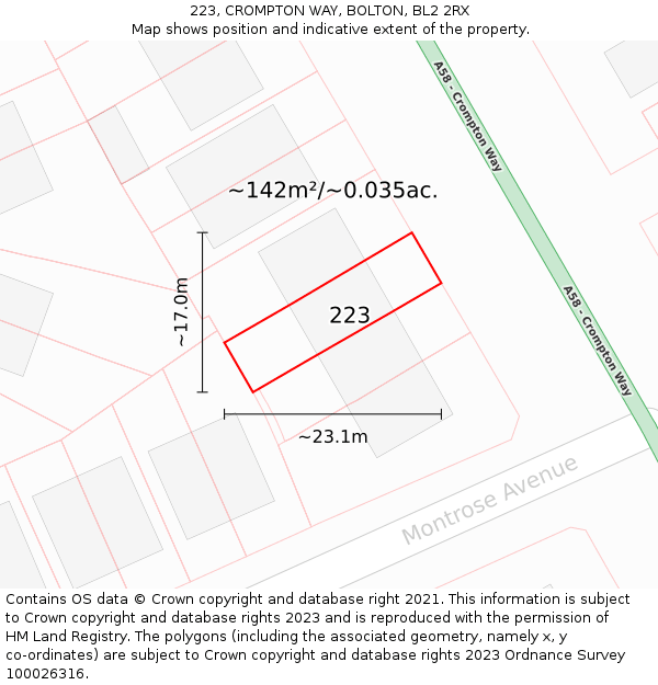 223, CROMPTON WAY, BOLTON, BL2 2RX: Plot and title map