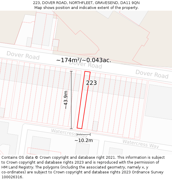 223, DOVER ROAD, NORTHFLEET, GRAVESEND, DA11 9QN: Plot and title map
